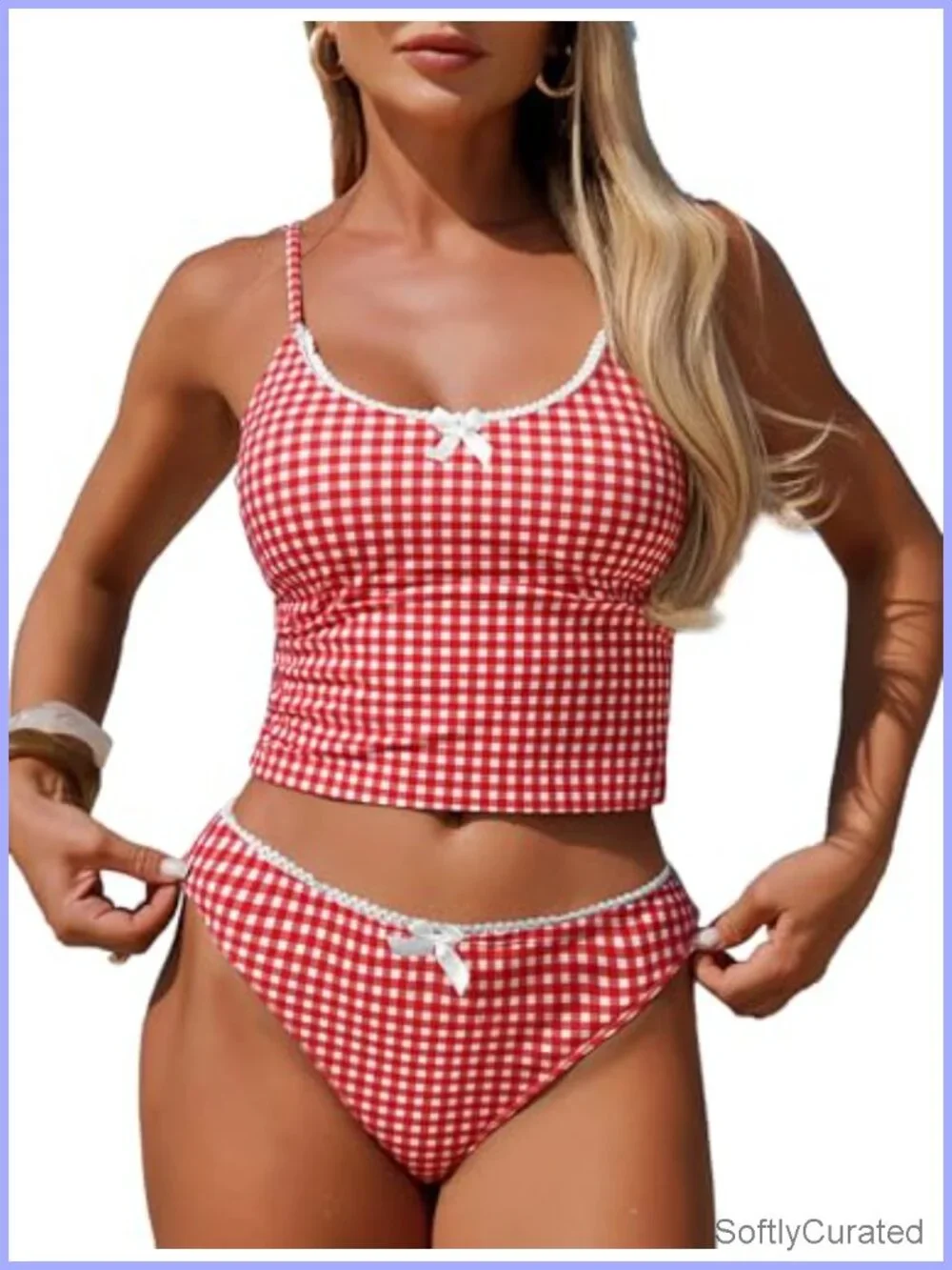Women's Tankini Swimsuits Tummy Control High Cut Bow Decor Two Piece Bikini Sets